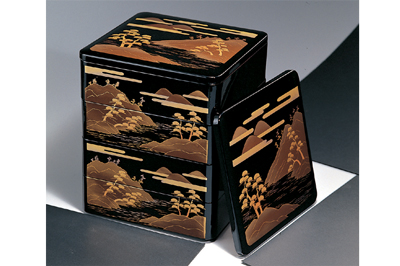 重箱 黒 蒔絵 山水