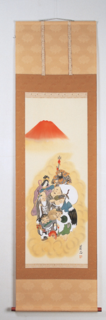 赤富士 七福神 大野翠万筆(緞子表具 尺五立)