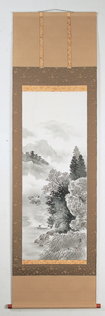 水墨山水 古川華邦筆(緞子表具 尺五立)